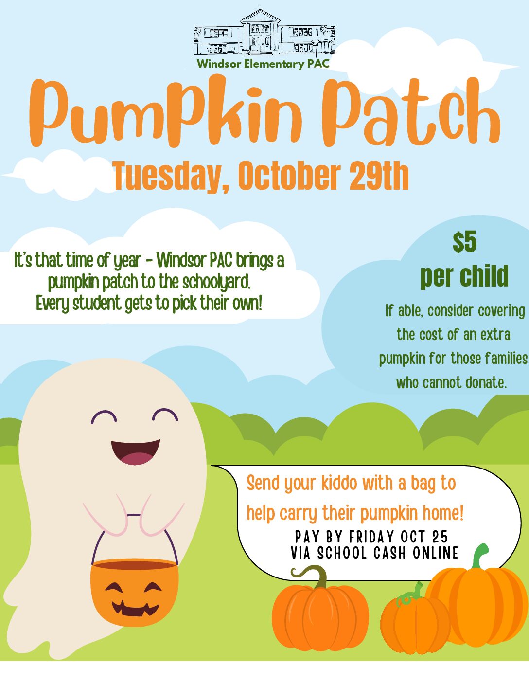 Dear Parents, The PAC is once again bringing the pumpkin patch to Windsor Elementary on Tuesday, October 29th. Each student will get to pick their very own pumpkin from Windsor’s […]